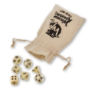 Set of Wisconsin Adventures dice, shown with branded linen storage bag with string closure.