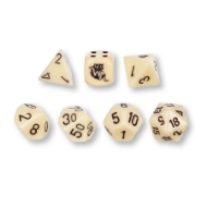 Set of seven D&D style dice, from 4 sided to 20 sided. The dice are for the Wisconsin Adventures roleplaying game.