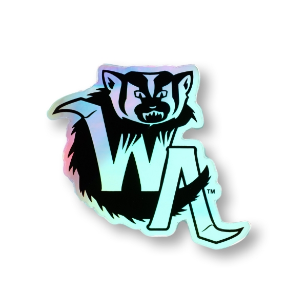 Multicolor reflective sticker with line drawing of a badger behind the letters "W" and "A."
