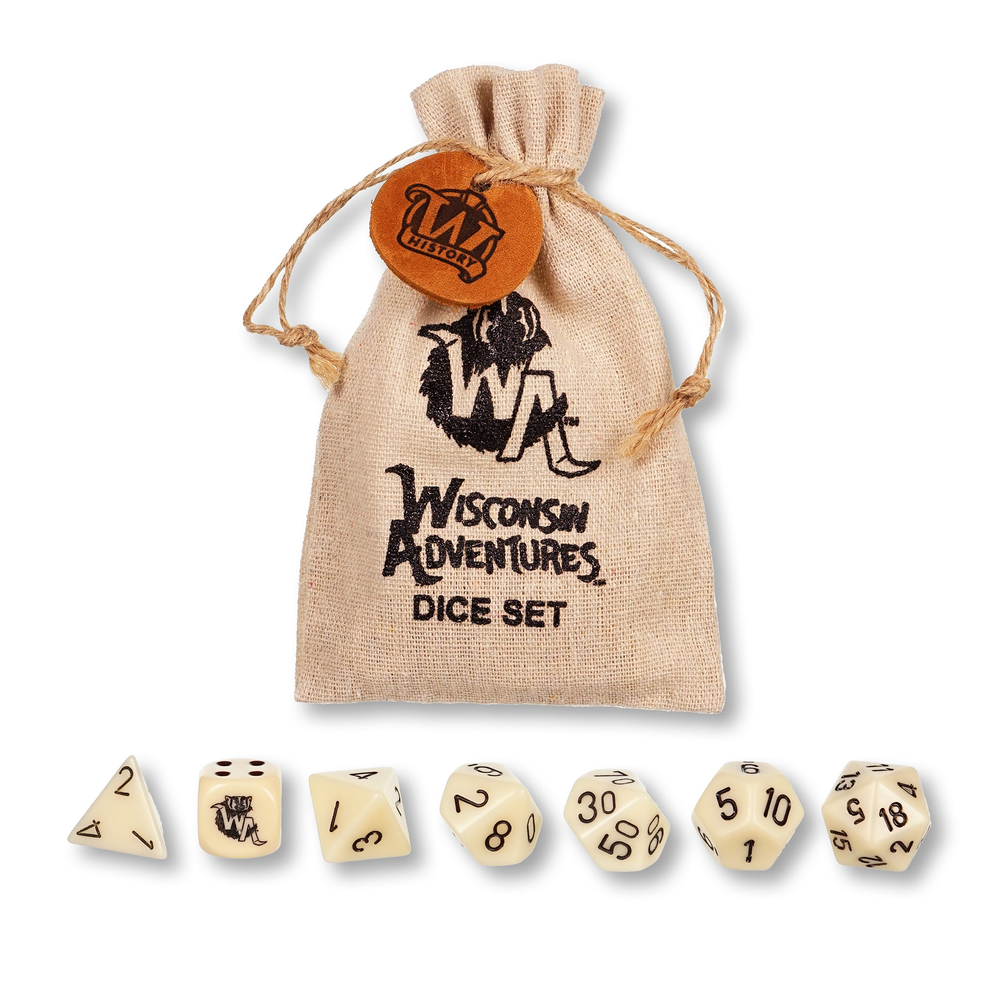 Myths & Legends Dice set with a complete set of beige dice, a canvas bag with leather tag.
