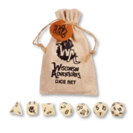 Set of seven D&D style dice with linen bag and irridescent sticker. The dice are for the Wisconsin Adventures roleplaying game.