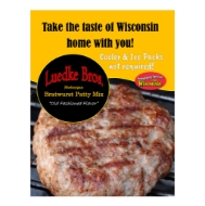 Promo for Luedke Bros. bratwurst patty seasoning mix with yellow background on top and picture of brat patty on the bottom. Text says "Take the taste of Wisconsin Home With You."