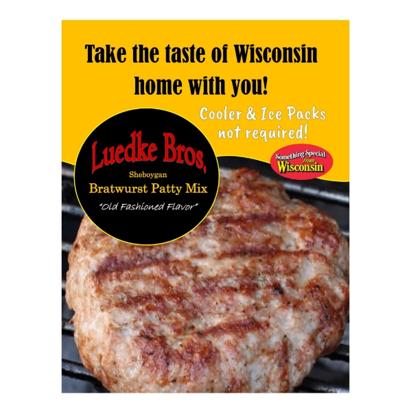 Promo for Luedke Bros. bratwurst patty seasoning mix with yellow background on top and picture of brat patty on the bottom. Text says "Take the taste of Wisconsin Home With You."