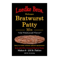 Front of packet of Luedke Bros. bratwurst patty seasoning mix with black background and yellow font that reads "Bratwurst Patty Mix."