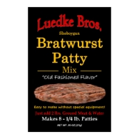 Front of packet of Luedke Bros. bratwurst patty seasoning mix with black background and yellow font that reads "Bratwurst Patty Mix."