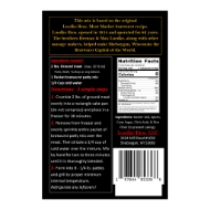 Back of packet of Luedke Bros. bratwurst patty seasoning mix with black background. Text sections for nutrition information and ingredients.