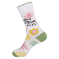 Off-white sock with floral designs and words that say "Best Mom Ever" on the side. Green toe and heel cap.
