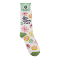 Off-white sock with floral designs and words that say "Best Mom Ever" on the side. Green toe and heel cap. 