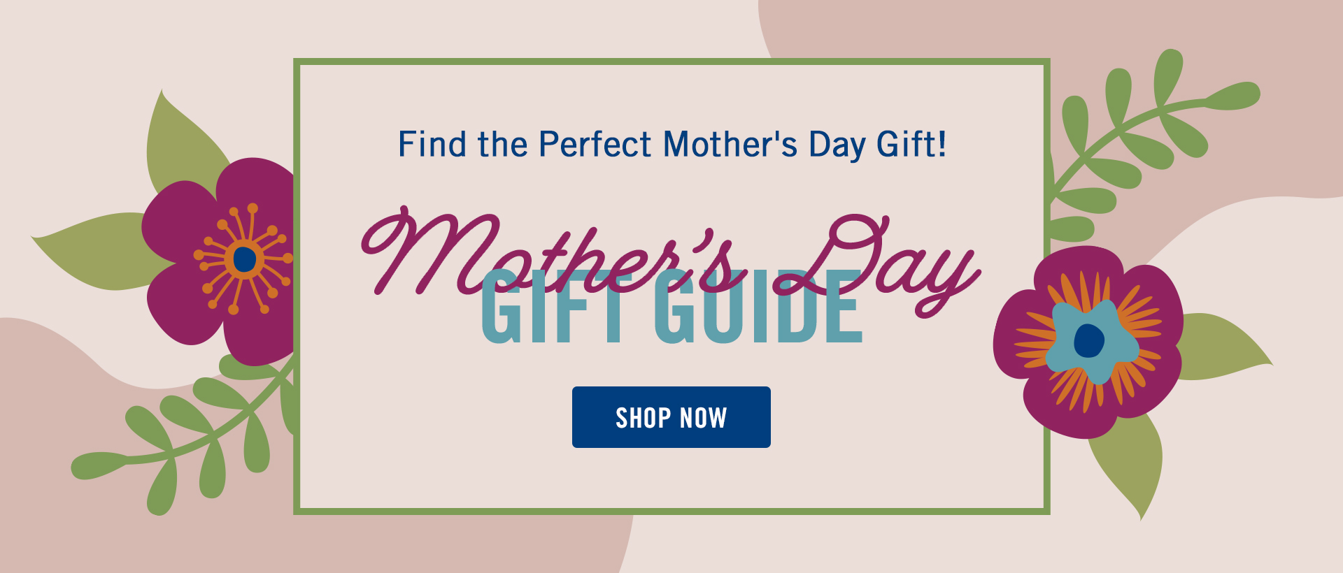 WHS online store banner promoting "Mother's Day" collection. Two purple flowers, green foliage, and "Shop Now" button. 