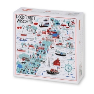 Box face of Door County Wisconsin puzzle, 500 pieces, with illustration of Door County and its landmarks.