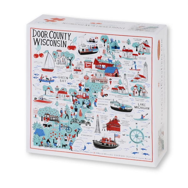 Box face of Door County Wisconsin puzzle, 500 pieces, with illustration of Door County and its landmarks.