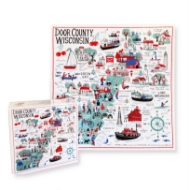 Completed 500 piece puzzle of Door County Wisconsin puzzle with illustration of Door County and its landmarks on white background.