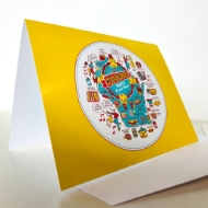 Side view of note card with "Wisconsin Party Know-How" theme. Yellow background and illustrations of representative food and activities, like beer and polka.
