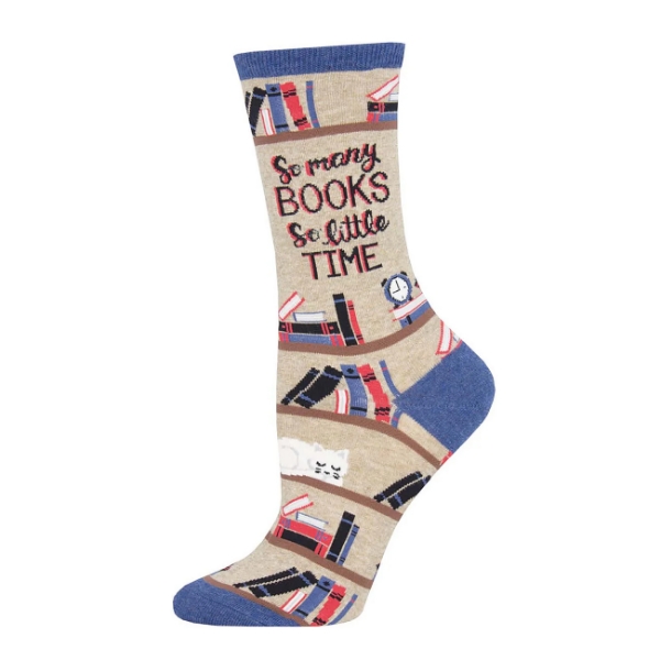 Tan sock with book motif and text that reads "So many books, so little time." Blue toe and heel cap.