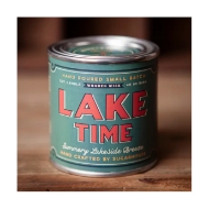 "Lake Time" candle packaged in looking tin can with greenish retro style label with bold red font. 
