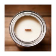 "Lake Time" candle shown from above to provide view of white wax and wooden wick.