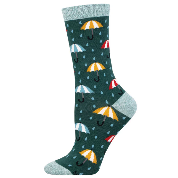 Sock with colorful umbrella and raindrop motif over dark green background. Light heel and toe cap.