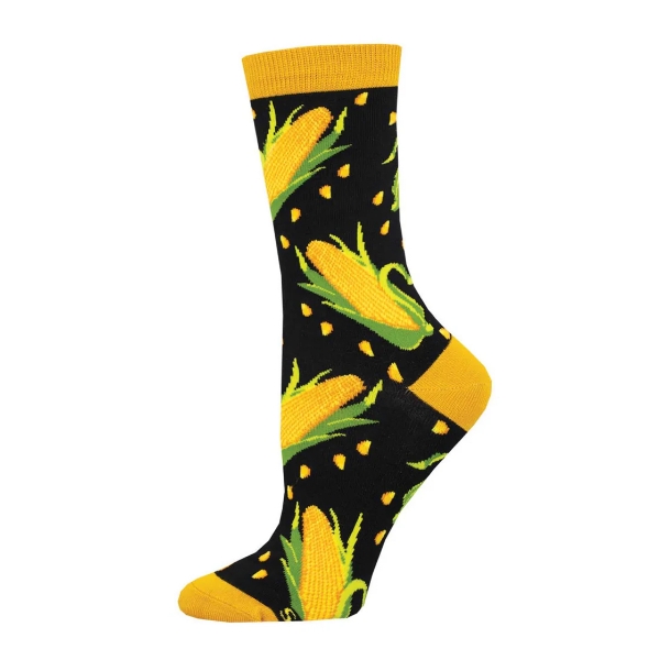 Sock with corn on the cob motif. Yellow corn over black background. Yellow toe and heel cap.