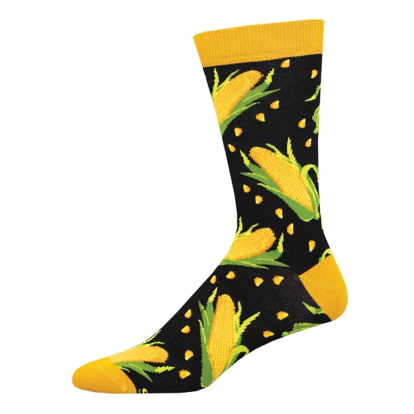 Sock with corn on the cob motif. Yellow corn over black background. Yellow toe and heel cap.