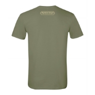 Medium green shirt with tan logo for Madeline Island Museum under the back of the neck line. Back of shirt.