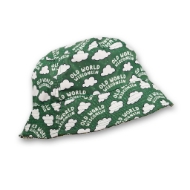 Old World Wisconsin bucket hat. The hat is green with white, puffy clouds and the words "Old World Wisconsin" repeated throughout.
