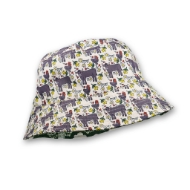 Old World Wisconsin bucket hat. The hat is white, with repeated illustrations of ox, chicken, and flowers.