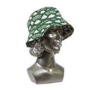 Mannequin head wearing Old World Wisconsin bucket hat. The hat is green with white, puffy clouds and the words "Old World Wisconsin" repeated throughout.