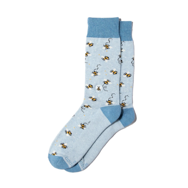 Light blue socks with honey bee motif. Darker blue toe, heel cap, cuff. 