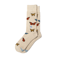 Two tan socks with colorful butterfly motif.