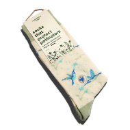 Light beige socks with blue hummingbirds motif. Light green toe, heel cap, and cuff. Shown folded with display card