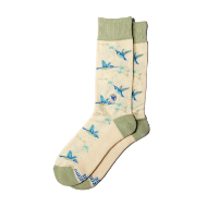 light beige socks with blue hummingbirds motif. Light green toe, heel cap, and cuff.