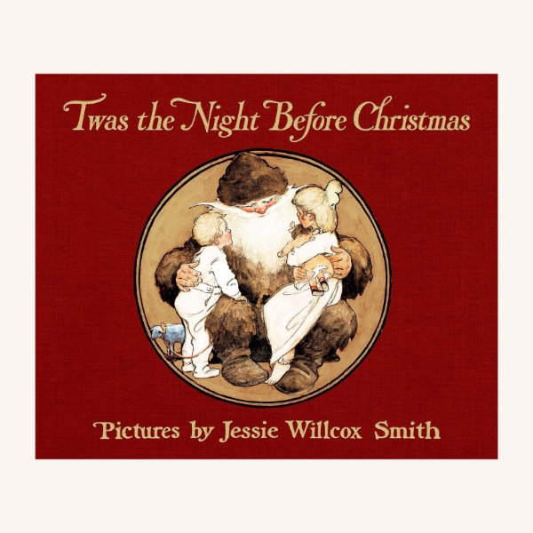 Book cover of "Twas the Night Before Christmas" with red clothbound cover and illustration of St. Nick with two children. A vintage reproduction of original.
