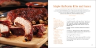 Inside pages sample of "Maple Syrup: 40 Tried and True Recipes" showing picture of barbecue ribs on the left and recipe on the right. 