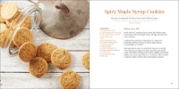 Inside pages sample of "Maple Syrup: 40 Tried and True Recipes" showing picture of a jar of light brown cookies on the left and recipe on the right. 