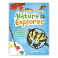 Front cover of "Nature Explorer" book for young readers. Blue background with illustrations of insects, paintbrush, and magnifying glass.