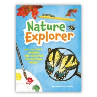 Front cover of "Nature Explorer" book for young readers. Blue background with illustrations of insects, paintbrush, and magnifying glass.