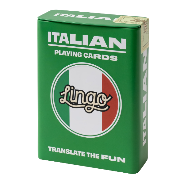 Rectangular green tin product box for Lingo Cards, the Italian deck.