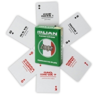 Six Lingo Cards, the Italian deck, fanned out to show card faces with Italian words and phrases - and their English translations.