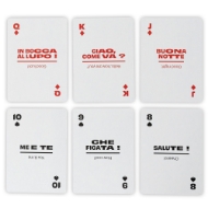 Six Lingo Cards, the Italian deck, arranged in rectangle to show card faces and Italian words and phrases - and their English translations.