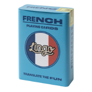 Light blue tin product box for the French version of Lingo Cards. 