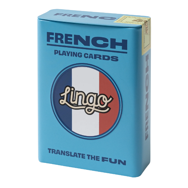 Light blue tin product box for the French version of Lingo Cards. 