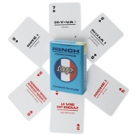 Light blue tin product box for the French version of Lingo Cards surrounded by 6 cards showing French words and translations.