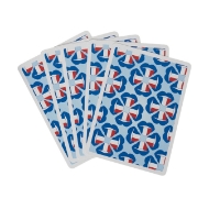Several cards from the French Lingo set arranged to show blue, white, and red design on the back of each card.