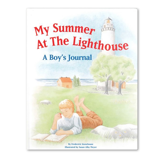 This book cover features an illustration of a young boy writing in the grass by the sea with a white lighthouse in the background. "My Summer At The Lighthouse," is written in red at the top of the cover with "A Boy's Journal," written in blue underneath. At the very bottom of the page, "By Frederick Stonehouse, Illustrated by Susan Alby Meyer," is written in small blue font.