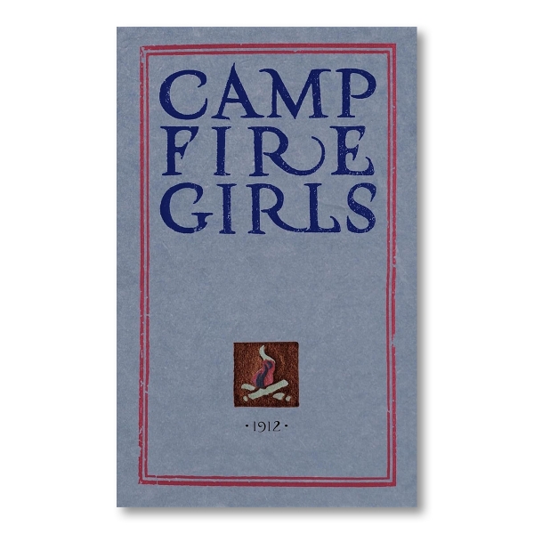 "CAMP FIRE GIRLS," written in purple on a light blue background. Below that is a small square illustration of a campfire.