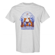  Light gray t-shirt with blue and orange illustration of a figure leaping from one tall rock formation to another.