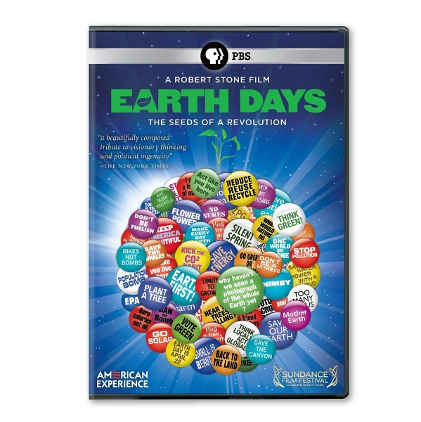 "Earth Days," is written in green. Below that is an image of a cluster of button pins with advocating for the preservation of the Earth.