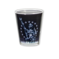 The side of the shot glass that has Lady Forward on it