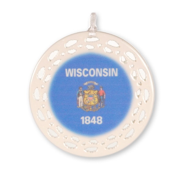 Round ornament with the Wisconsin state flag printed on it 