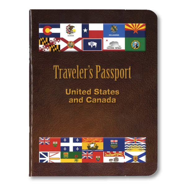 The cover of the traveler's passport with the flags of U.S. states and Canadian territories.